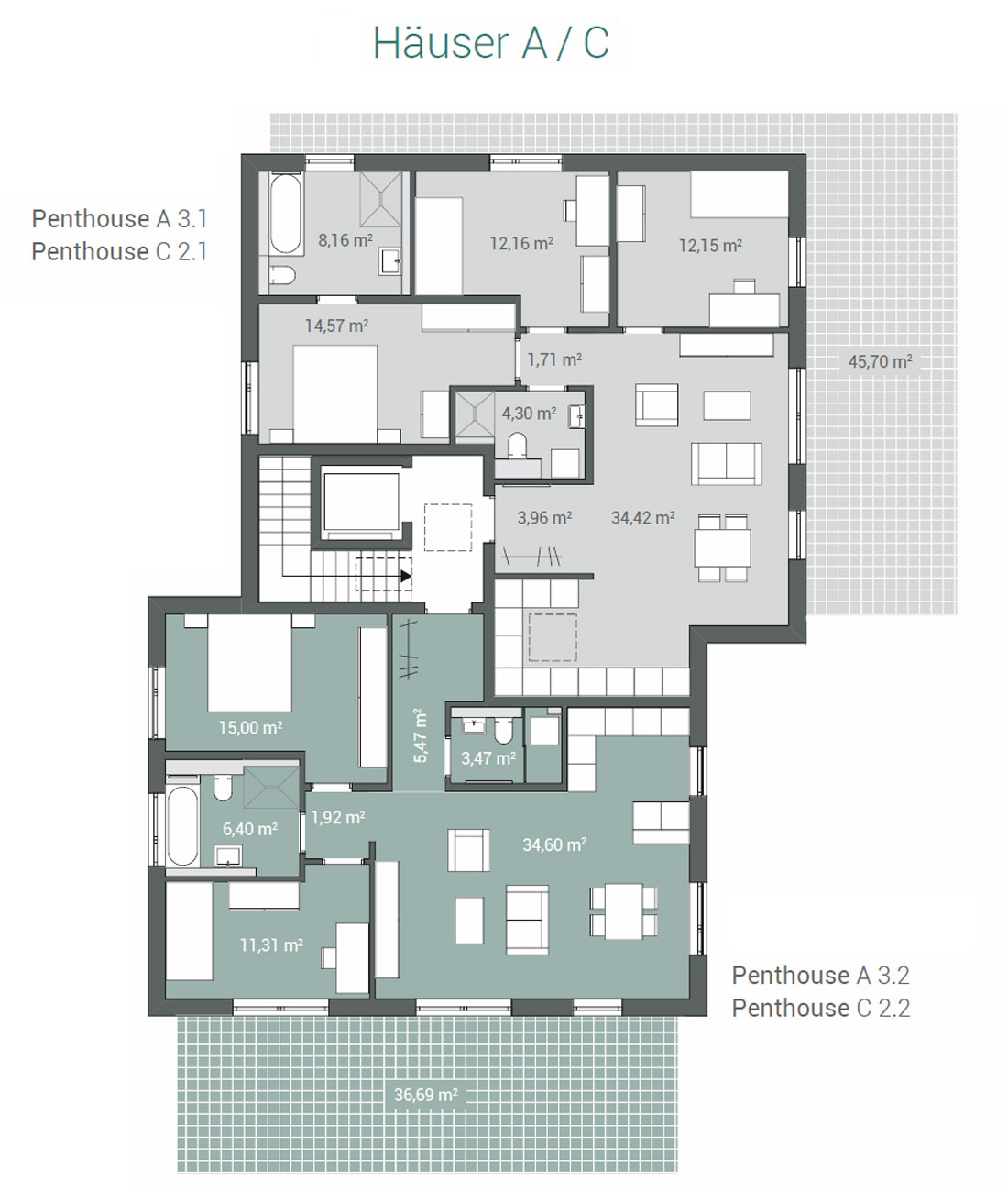 Grundriss Häuser A/C - Penthäuser 2. OG / 3. OG