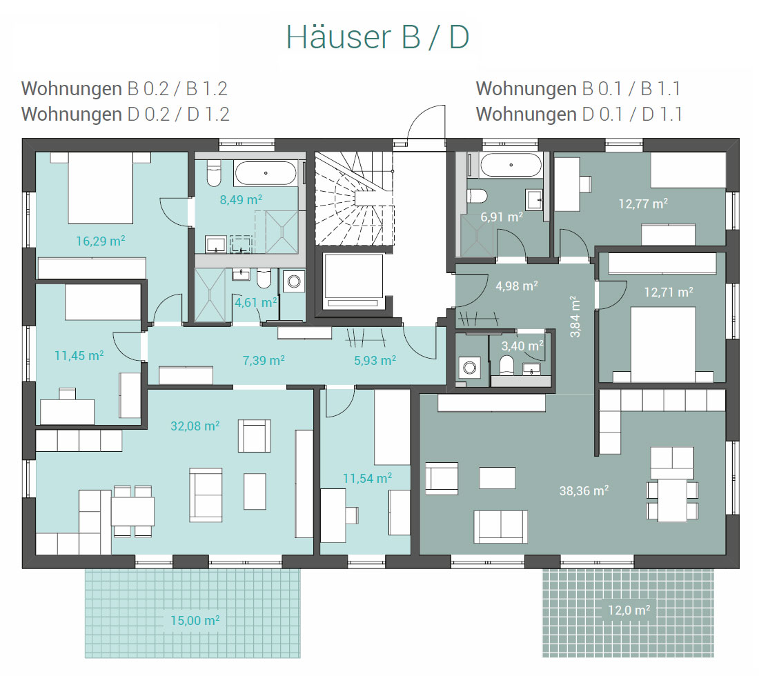 Grundriss Häuser B/D - Wohnungen EG / 1. OG