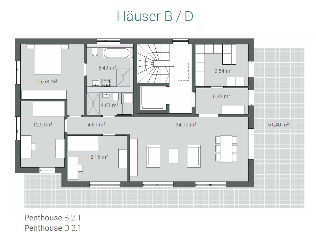 Grundriss Häuser B/D - Penthäuser 2. OG